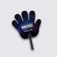A plastic hand fan with hand shaped in music fair theme.