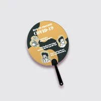 A oval shape hand fan in covid-19 theme in black, white and pale orange