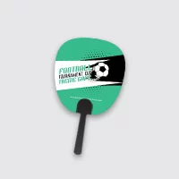 A hand fan with football theme in green, black and white.