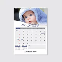 A wire-o calendar with wire-o binding, hanger and baby design.