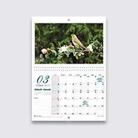 A wire-o calendar with wire-o binding in plant and bird design.
