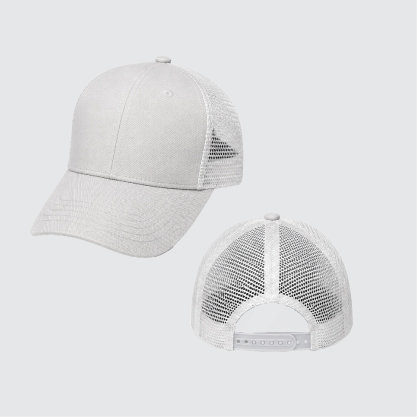 A trucker cap with front view and back view.
