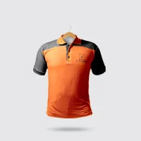 A sublimation shirt with collar and button for a cafeteria in orange and black.
