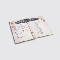 A hard cover menu with the content only show the various foods and their prices.