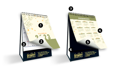 A desk calendar defines front cover, content, back cover, wire-o binding and calendar stand.