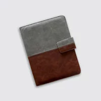 A wire-o notebook with exclusive leather cover in grey and brown.
