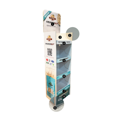 A foldable pop display for advertisement purpose define its header, side wall, tray and complimentary base protector.