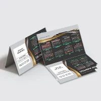 Name card with calendar design in black, grey, gold, red and white.