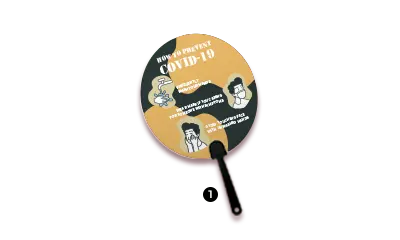 A hand fan with covid-19 theme in pale orange, black and white.