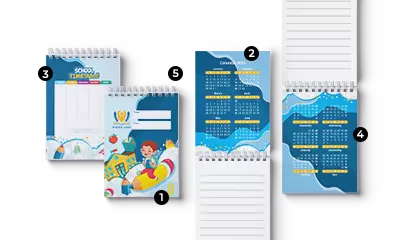 Four blue notepads with calendar in inner page.