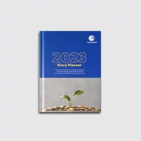 A A5 size perfect bind notebook with 2023 diary planner in blue.