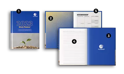 Three perfect bind notebook in blue with 2023 Diary Planner as title.