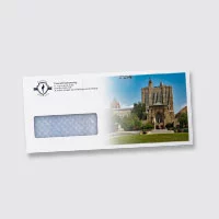 A pocket envelopes with window and a building design.