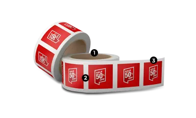Two roll form stickers with red stickers show sale 50% off.