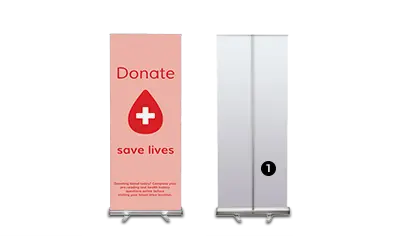 Two roll up stand of blood donate campaign in pink and red.