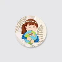 A round magnet with a girl design and earth protect theme.