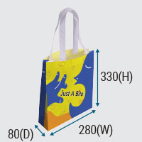 A geometric pattern rPET non woven bag in blue, yellow and orange colour.