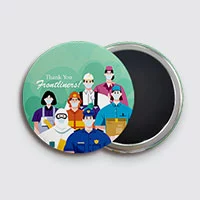 A round button badge with health care artwork in front and rubber magnet behind.