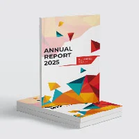 Three booklets show annual report 2025 with geometric design in red, green, yellow and orange.