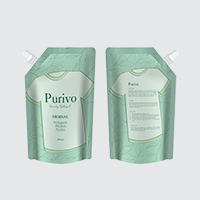 A green standing pouch with spout at side suitable for personal care products.