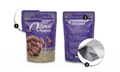 A standing pouch packaging advertises kurma premium define zipper, v cut and gusset.
