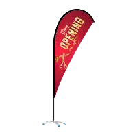 A teardrop flag with red color promoting an event opening.