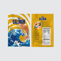 A yellow and blue vacuum bag suits for food storage.