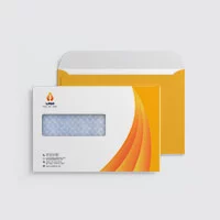 Two wallet envelopes with window and geometric design in orange, yellow and white.