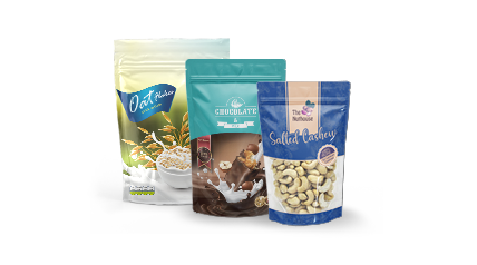3 standing resealable pouches arranged from small to large printed with designs to indicate they are holding chili powder, nuts, and popcorn.