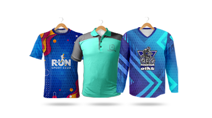 Custom Sublimation T-shirt & Sublimation Jersey Printing Malaysia 6 shirts and pants are arranged next to one another, all of them of different design and colour.