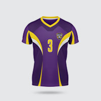 A v neck sublimation shirt for football event in purple and yellow.