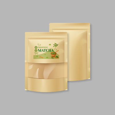 A brown surface standing pouch packaging with window, model BKSP01.