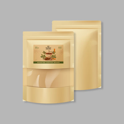 A brown surface standing pouch packaging with window, model BKSP02.