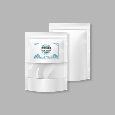 A white surface standing pouch packaging with window, model WKSP01.