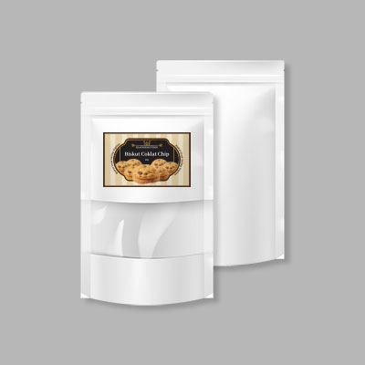 A white surface standing pouch packaging with window, model WKSP02.