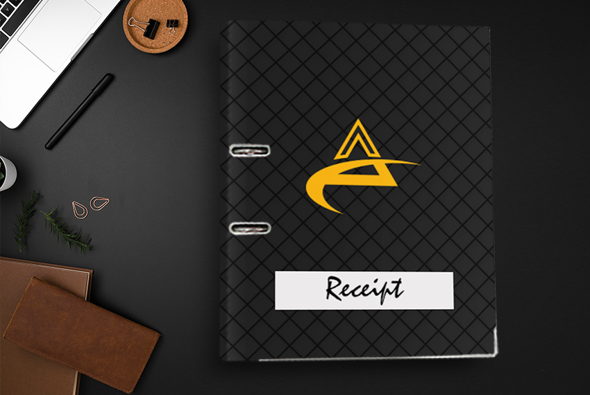 A black arch file with a grid design cover with a yellow logo and a label that says “Receipt”.