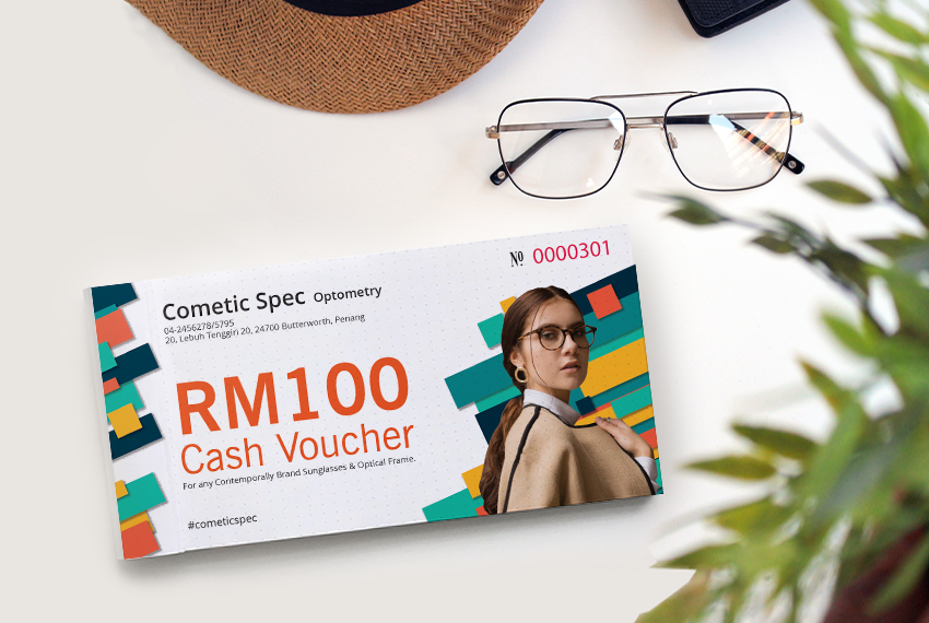 A RM100 cash voucher for an eyewear store with a photo of a woman in spectacles, placed on a white surface next to a pair of glasses.