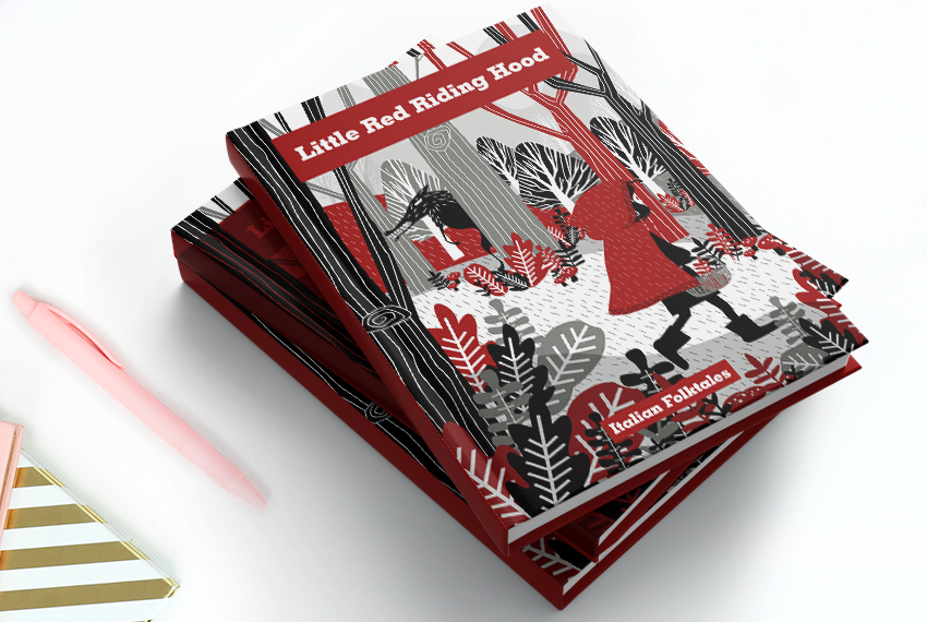 A stack of hardcover books titled “Little Red Riding Hood” with a stylized red-and-black cover.