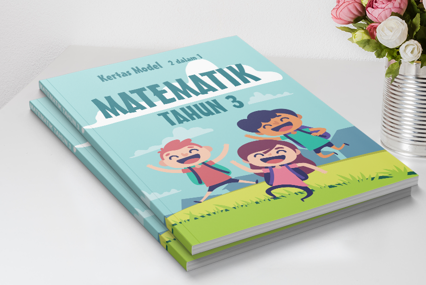 A stack of books titled “Matematik Tahun 3”, decorated with three cartoon children running in a field.