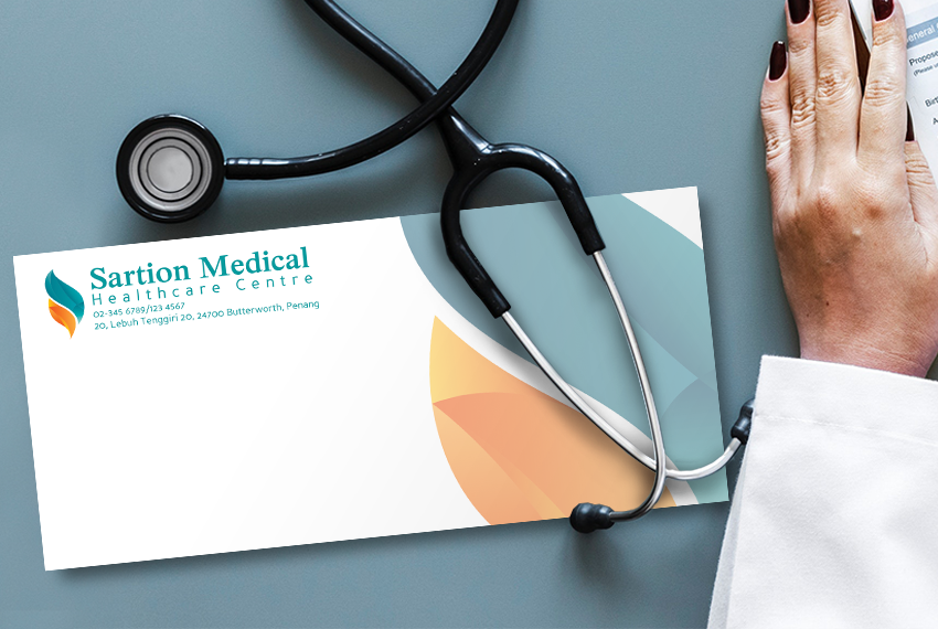 A simple envelope with a blue and orange design print along with the text “Sartion Medical Healthcare Centre” printed on the top left corner.