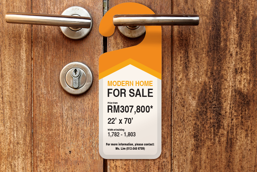 A yellow and white door hanger printed with “Modern Home for Sale” and featuring information on said home hangs from one doorknob on a set of double doors.
