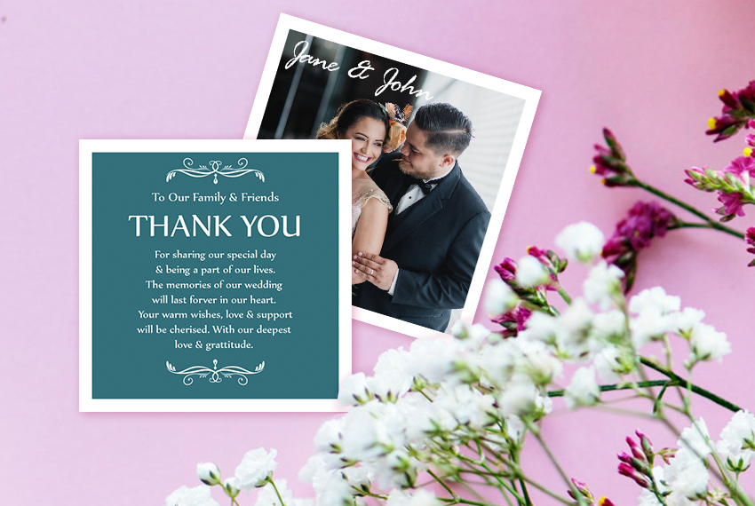 Thank You cards printed with the image of a newlywed couple, there are flowers surrounding the cards.