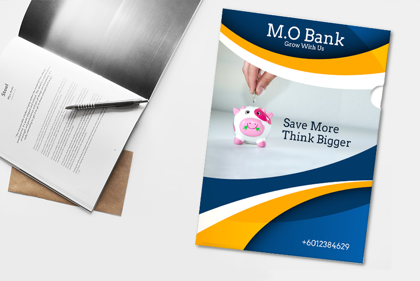 A simple plastic folder on a blank surface, featuring a blue and gold design and a photo of a hand putting a coin into a piggy bank.