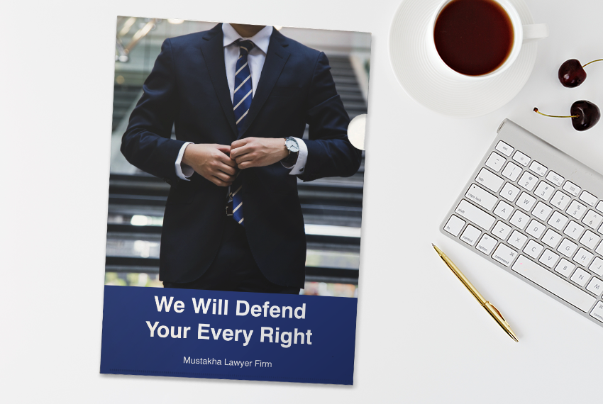 A plastic folder prominently featuring a photo of a man in a suit, with a label saying “We Will Defend Your Every Right” at the bottom.