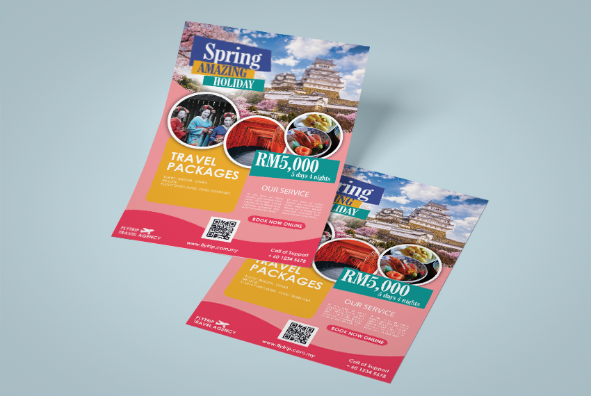 Two flyers with a pink theme are shown against a lilac background, advertising a travel package.
