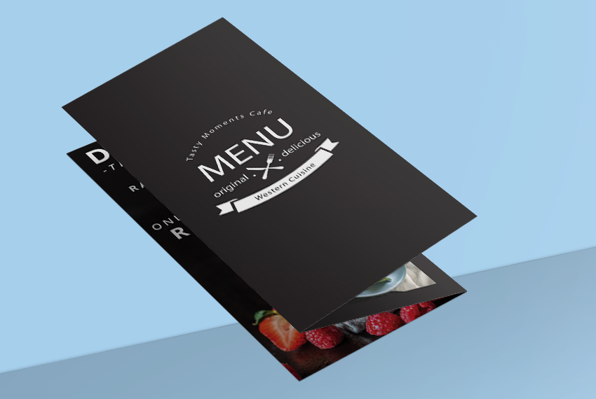 A black trifold menu floats against a blue background.