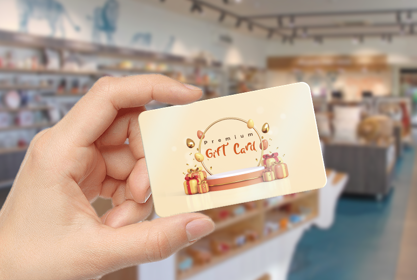 A hand holds a beige gift card, the background is of the inside of a store.