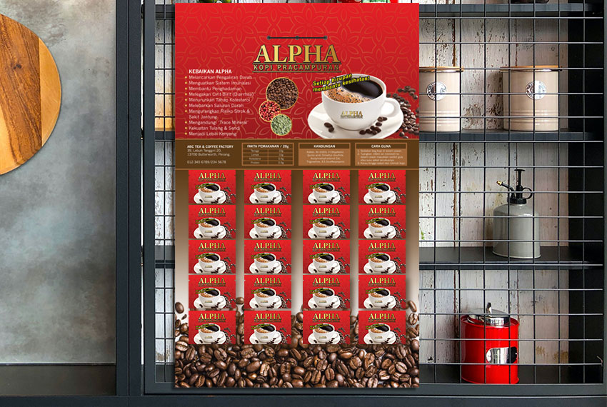 A red sachet board hangs in front of a shelf, apparently holding sachets of instant coffee.