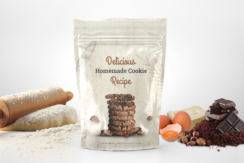 A resealable pouch printed with the image of cookies surrounded by various baking ingredients.