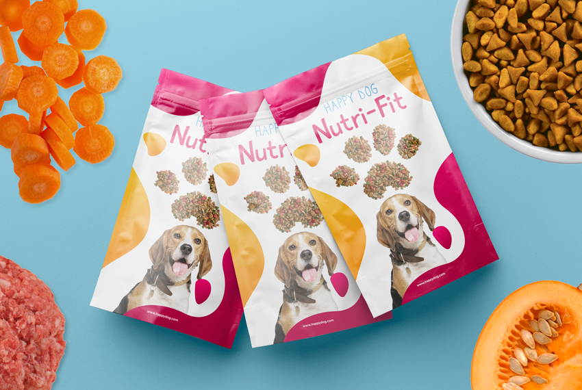 3 resealable pouches of dog food are arranged neatly against a blue background surrounded by dog food ingredients.